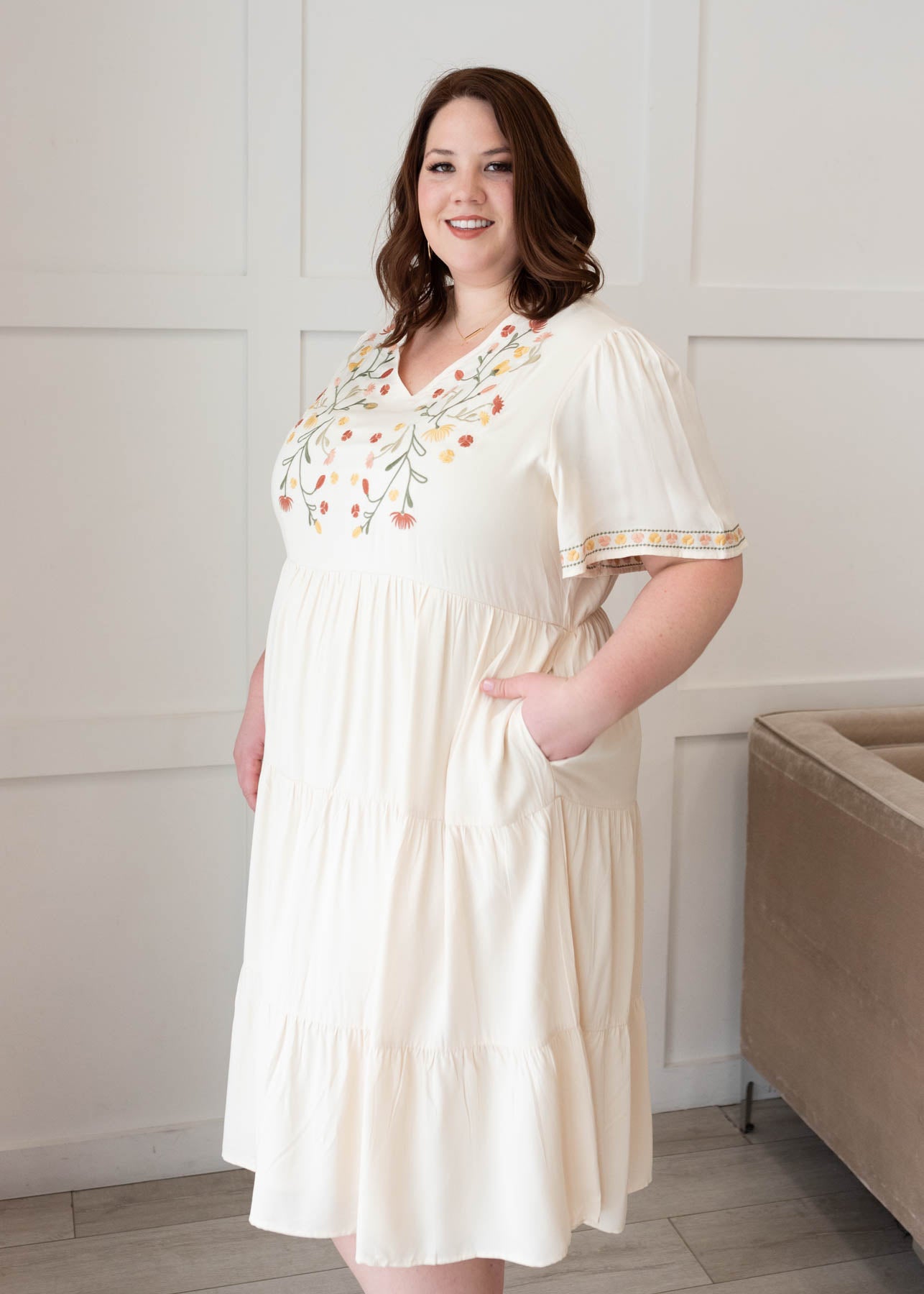 Short sleeve ivory embroidered tiered dress in plus size