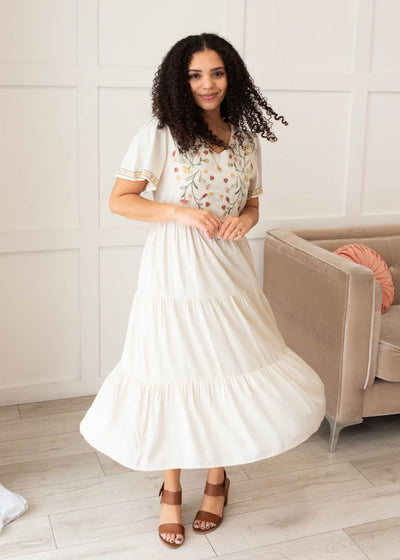 Short sleeve ivory embroidered tiered dress