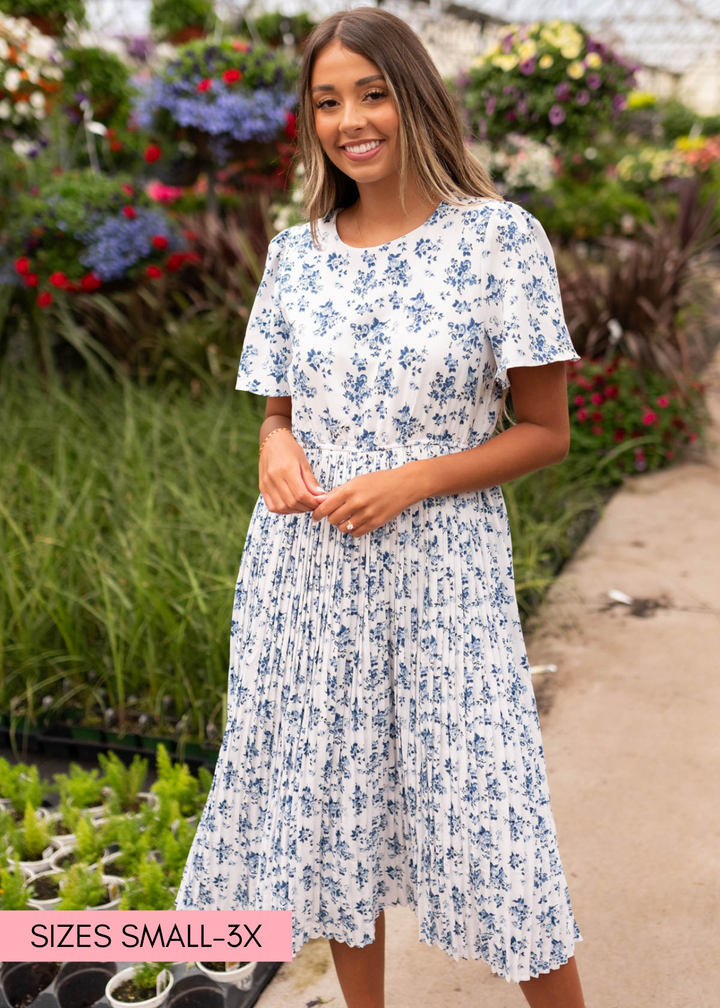 Hazley Blue Floral Pleated Dress