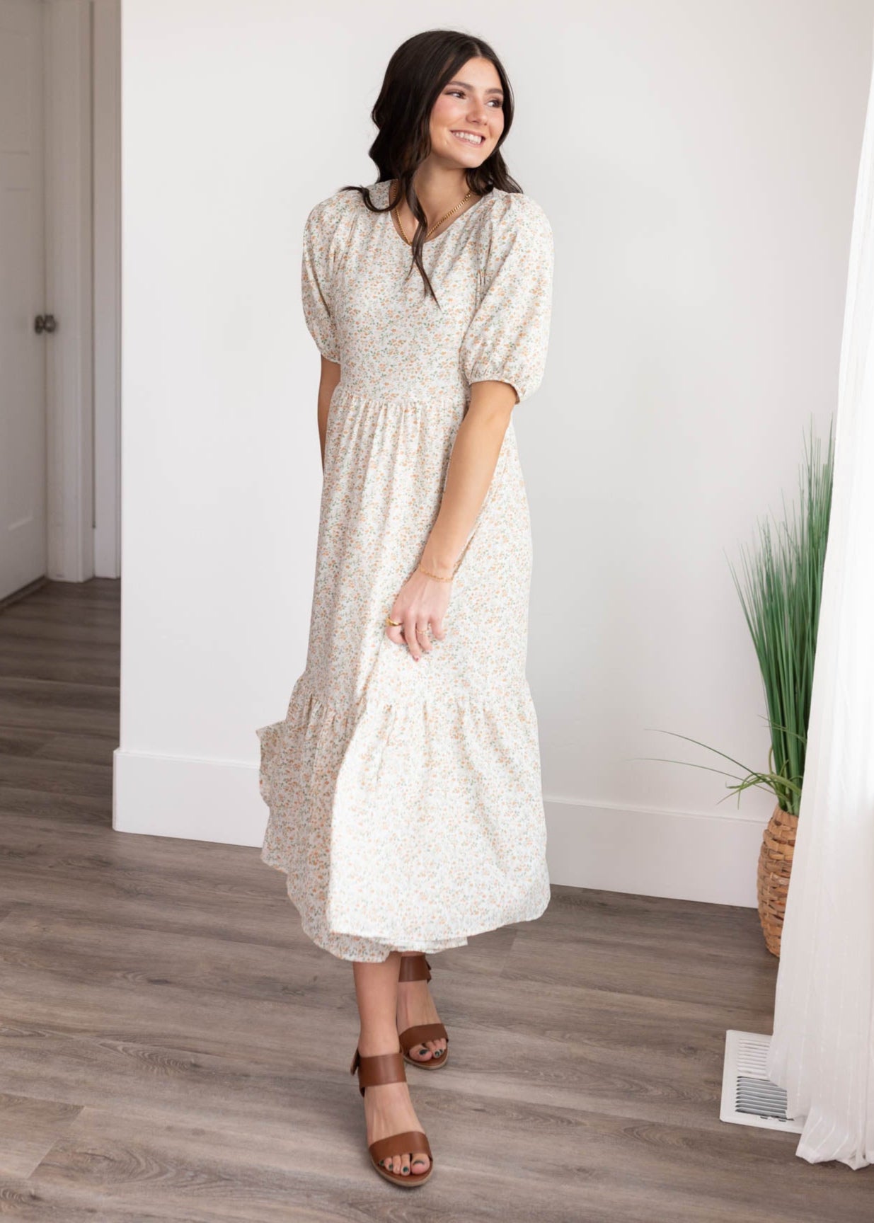 Orange floral dress with short sleeves