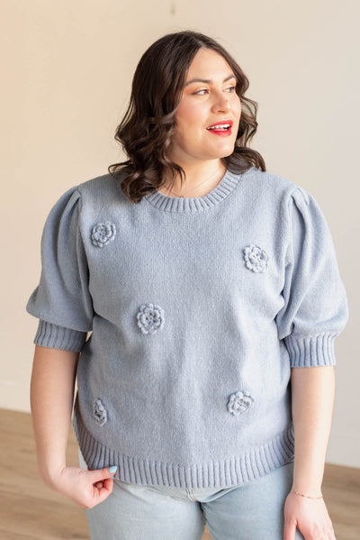 Dusty blue floral knit sweater in plus size