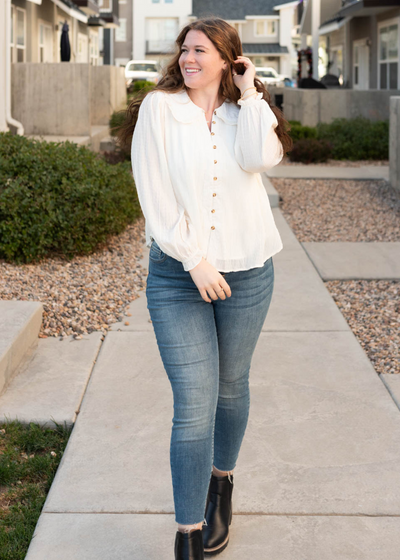 Plus size cream long sleeve top with peter pan collar