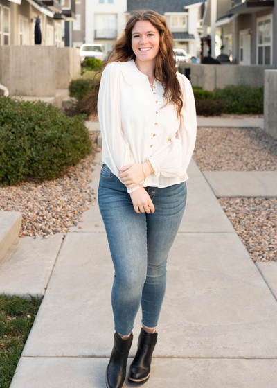 Button up plus size cream long sleeve top