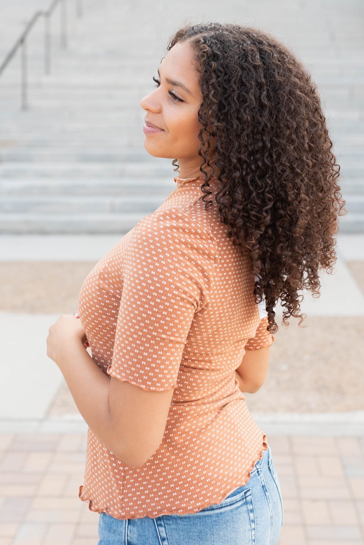 Side view of the camel dot texture top