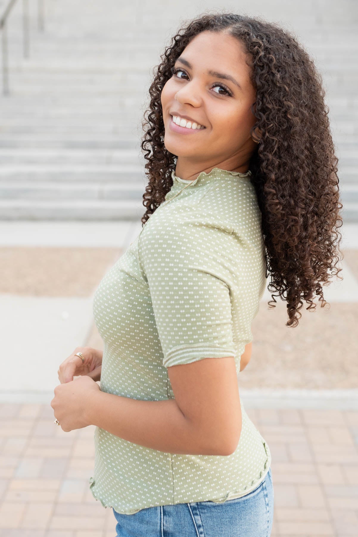 Side view of the olive dot textrue top