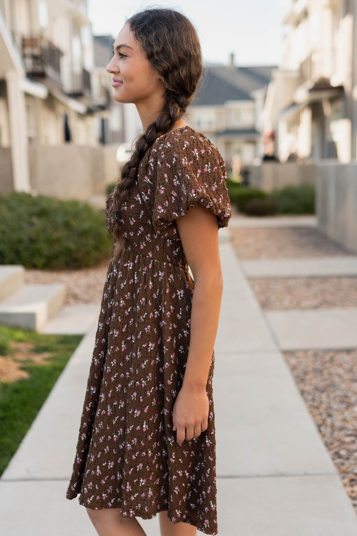 Side view of the brown floral dress