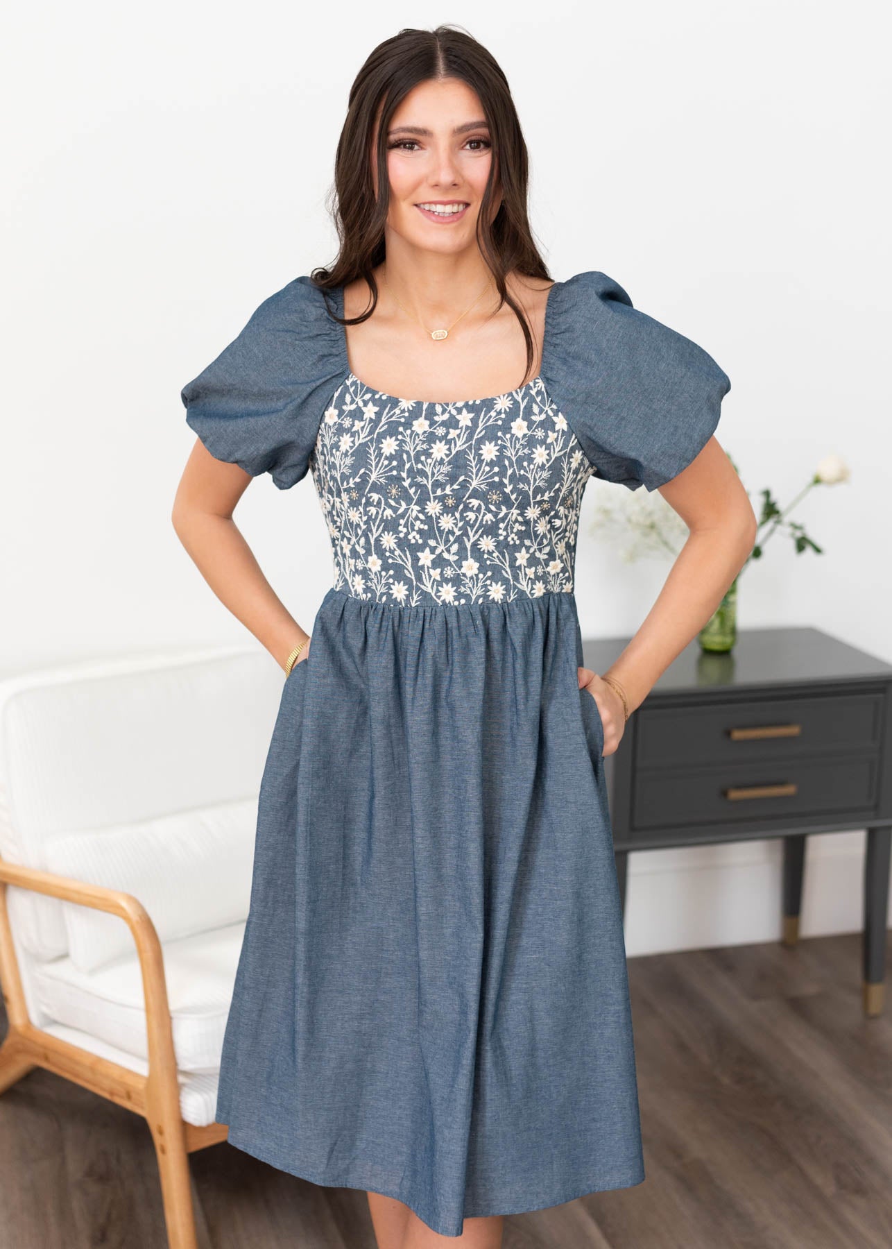 Denim blue chambray dress with pockets