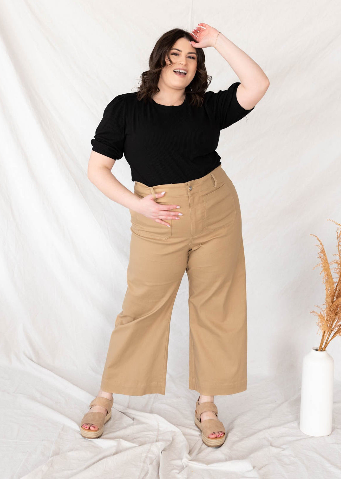 Taupe wide leg pants with button and zipper