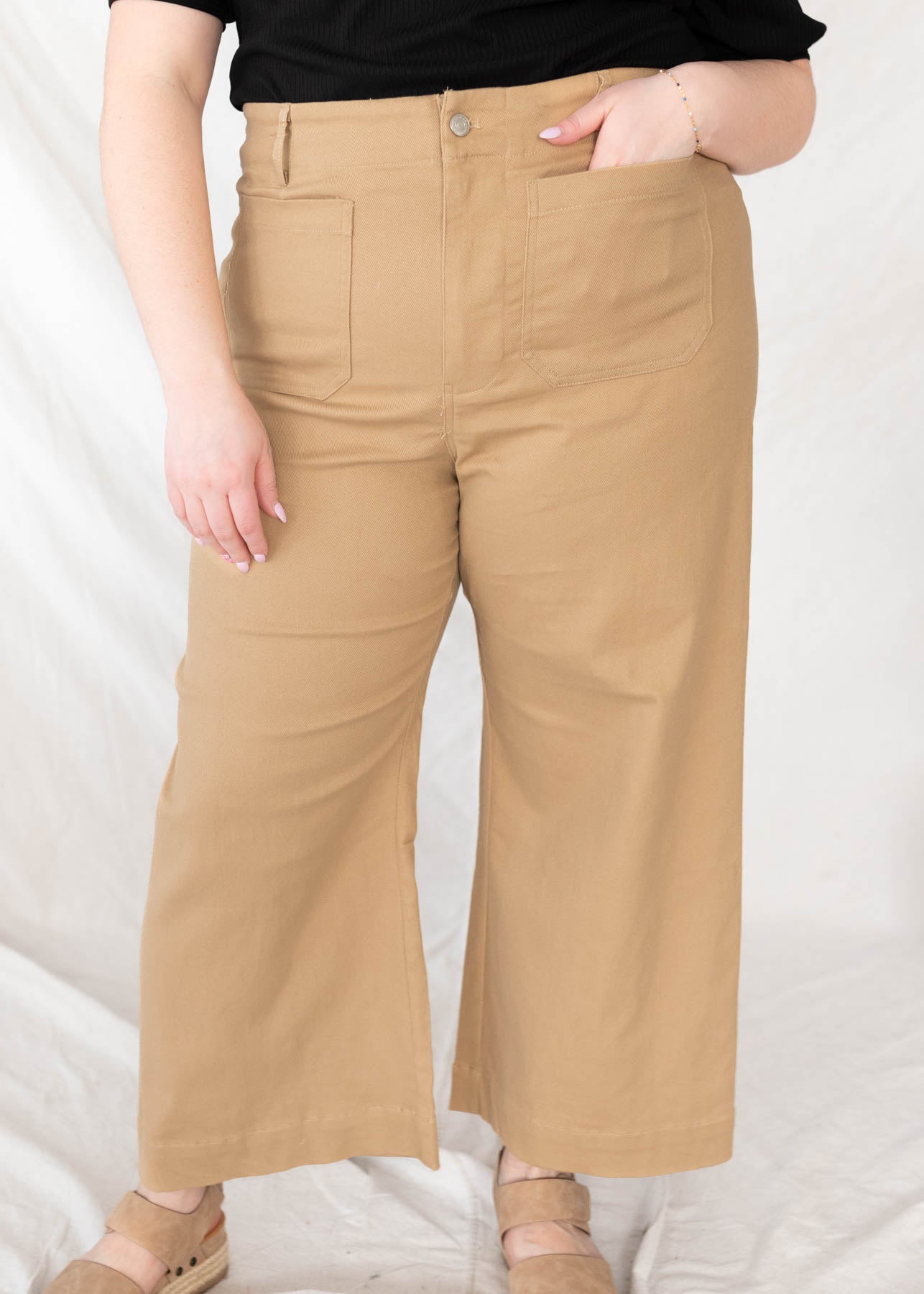 Plus size taupe wide leg pants with front pockets