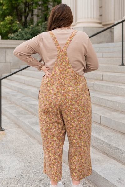 Back view of the marsala floral overalls