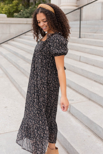 Side view of the black floral dress