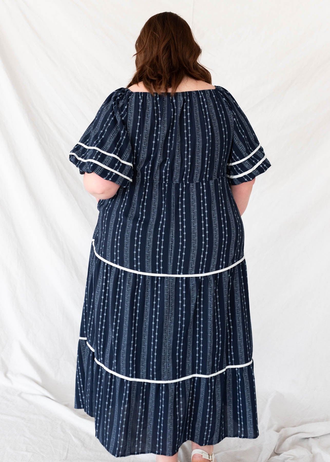 Back view of the plus size navy floral pattern dress