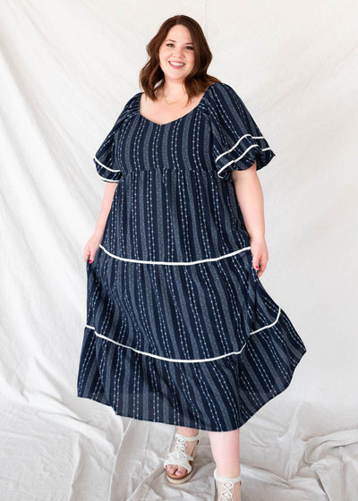 Plus size navy floral pattern dress with short sleeves