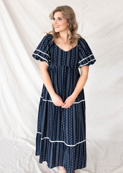 Wide v-neck on the navy floral pattern dress