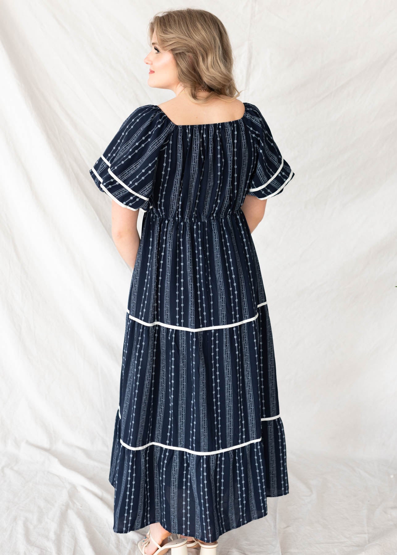 Back view of the navy pattern dress