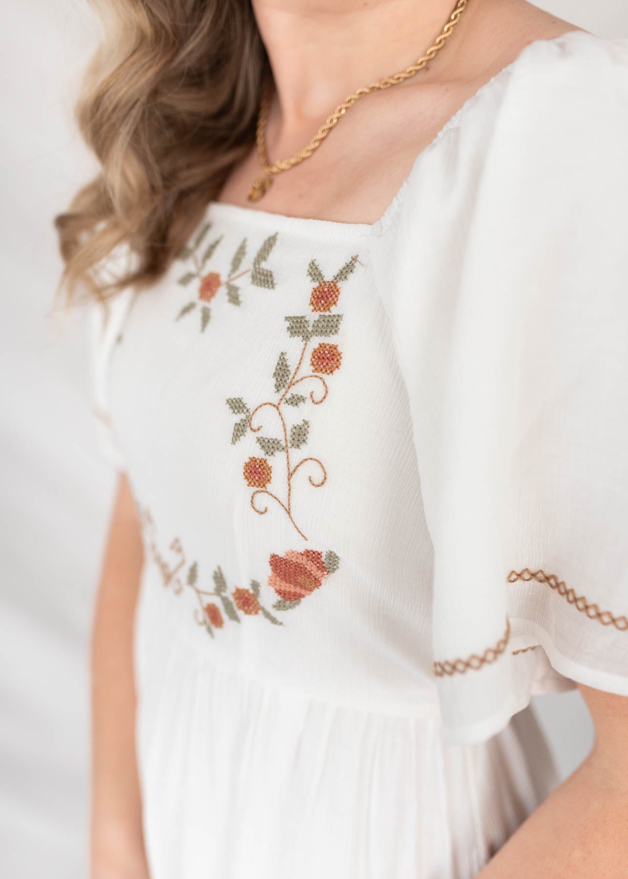 Close up of the embroidered pattern on the bodice of the white embroidered dress