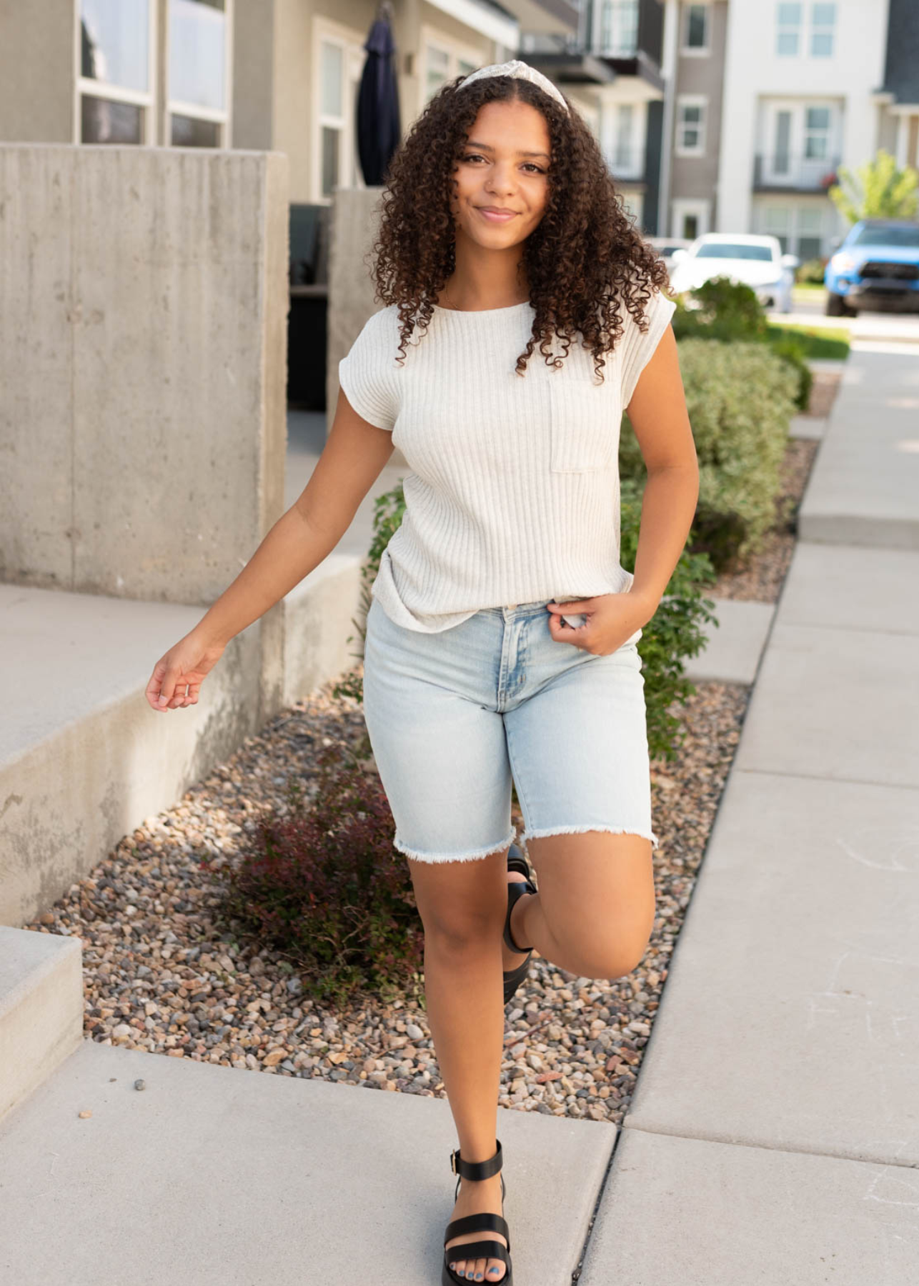 Crop sleeve light grey ribbed top