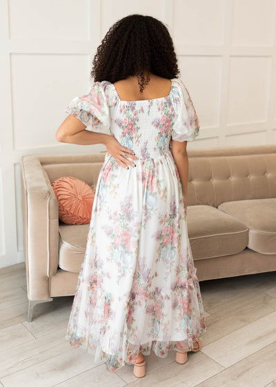 Back view of the ivory tulle square neck dress