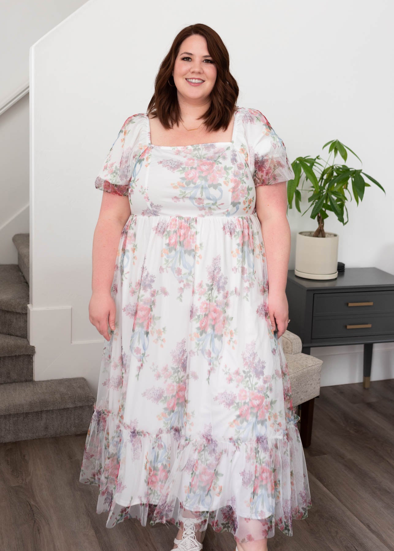 Plus size ivory tulle square neck dress with short sleeves