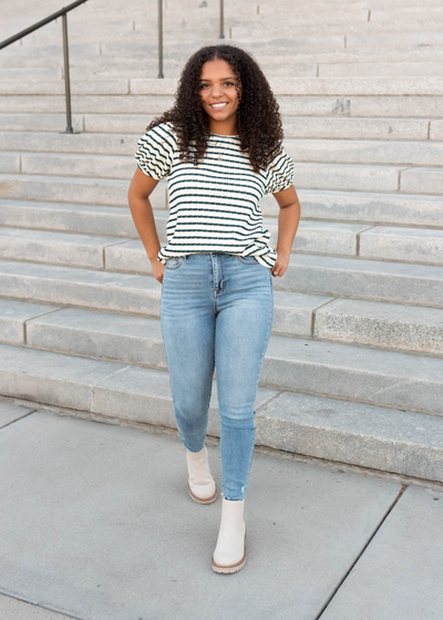 Front view of the emerald stripe textured top