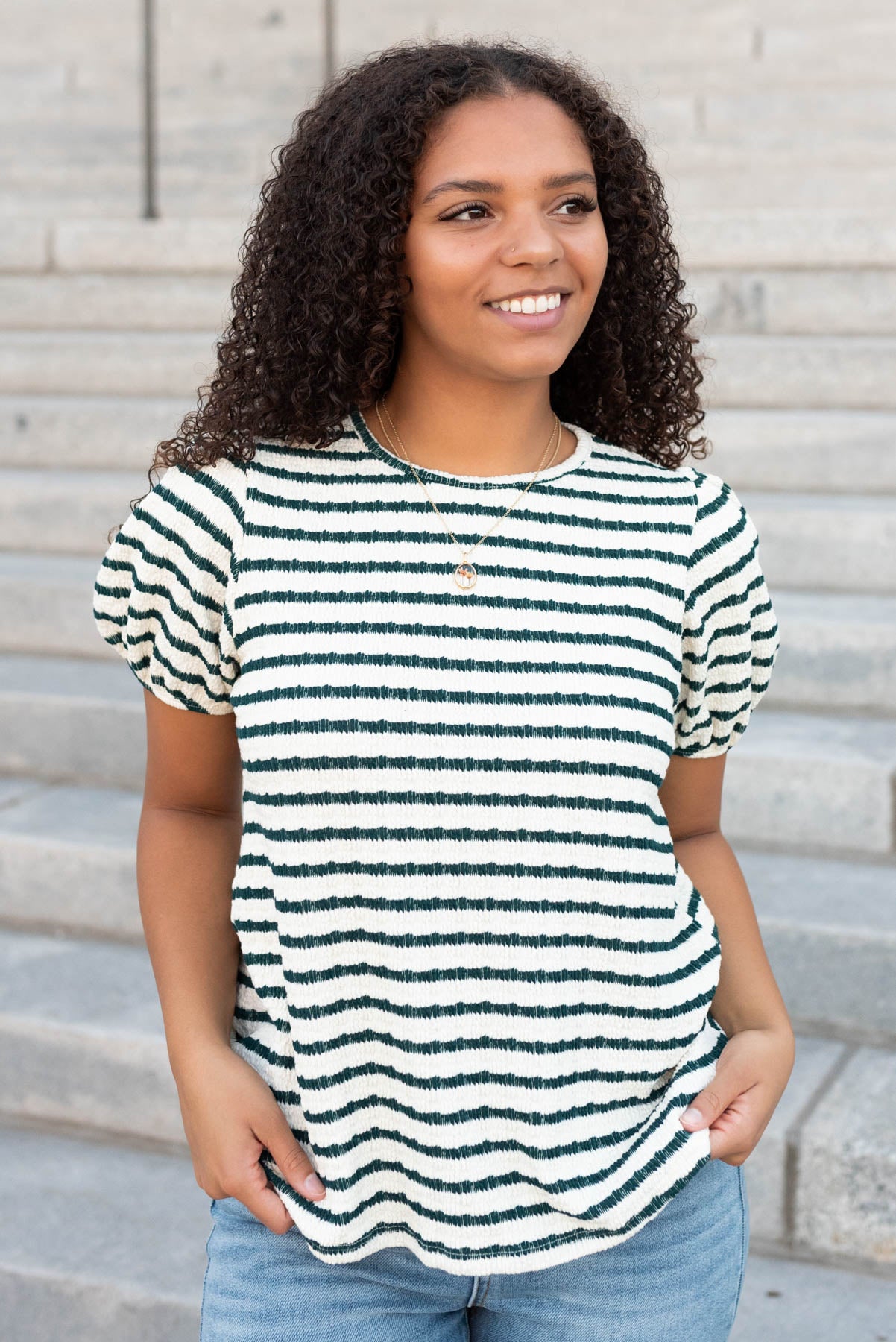 Short sleeve emerald stripe textured top