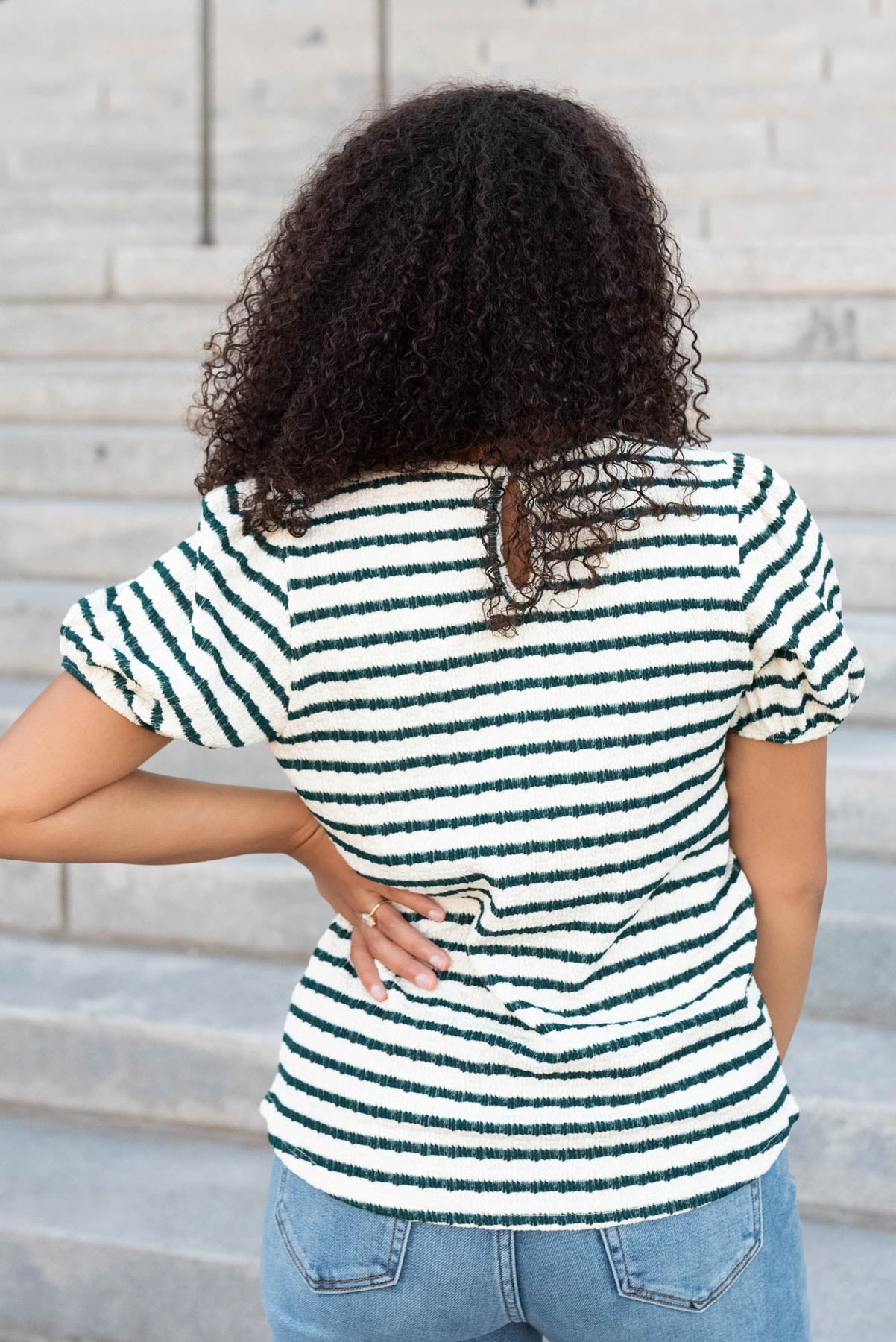 Back view of the emerald stripe textured top