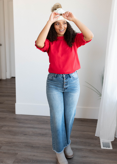 Red puff sleeve sweater with short sleeves