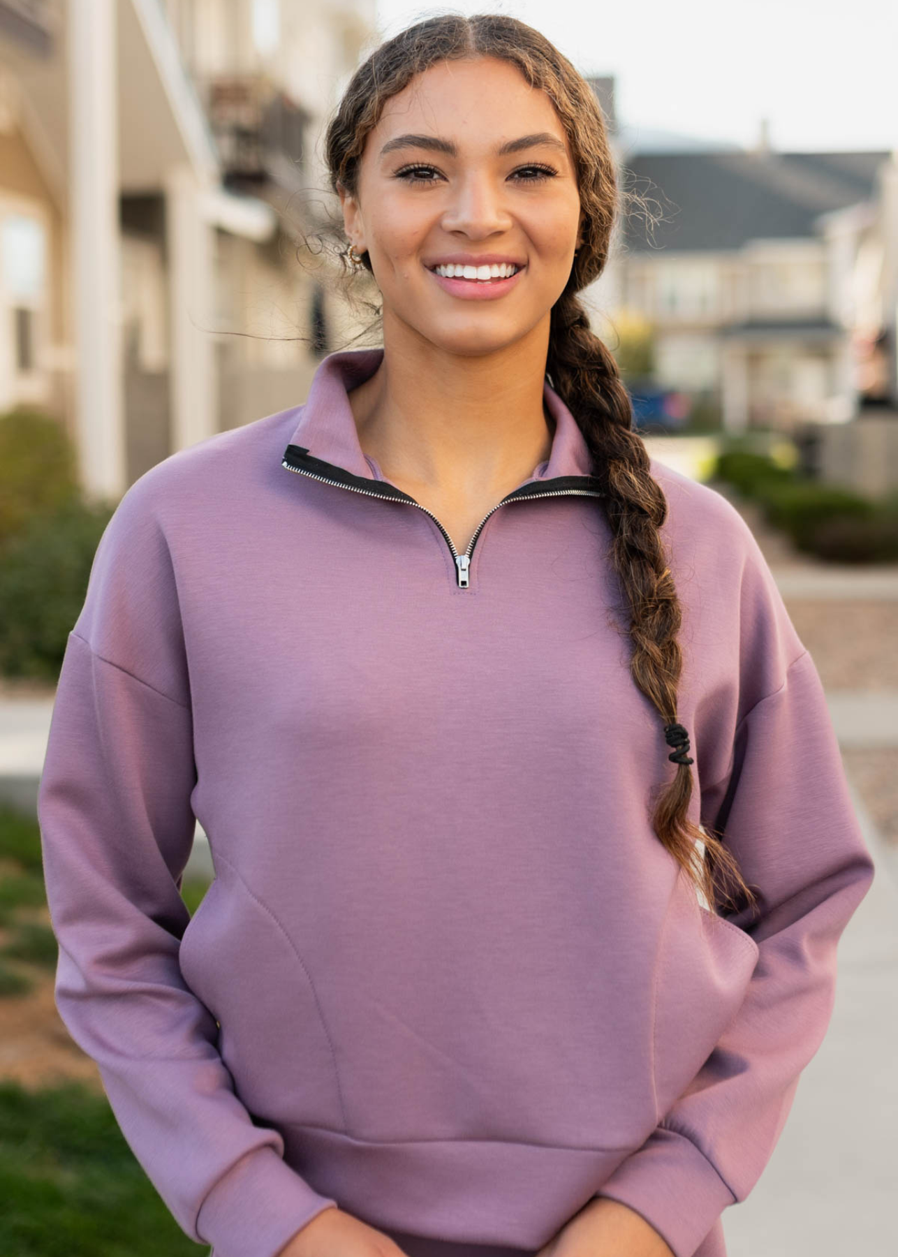 Plum fleece quarter zip sweater with side pockets