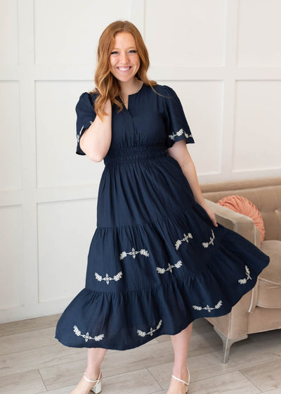 Wide elastic waist midnight embroidered dress