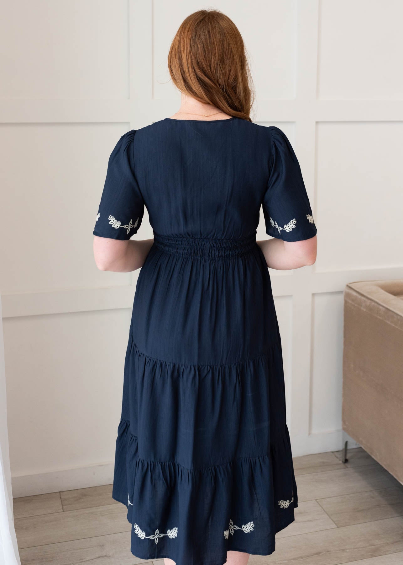 Back view of the midnight embroidered dress