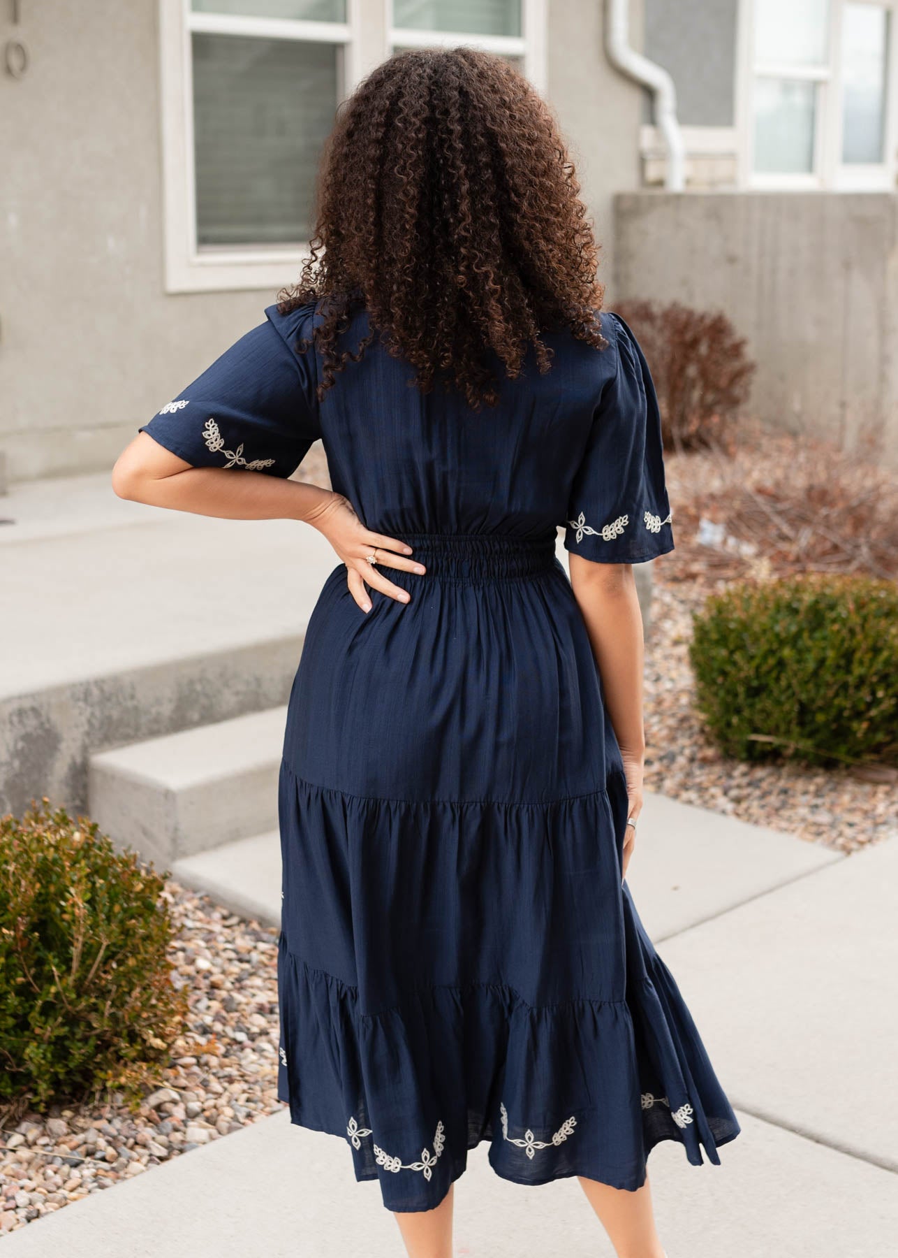 Back view of the midnight embroidered dress