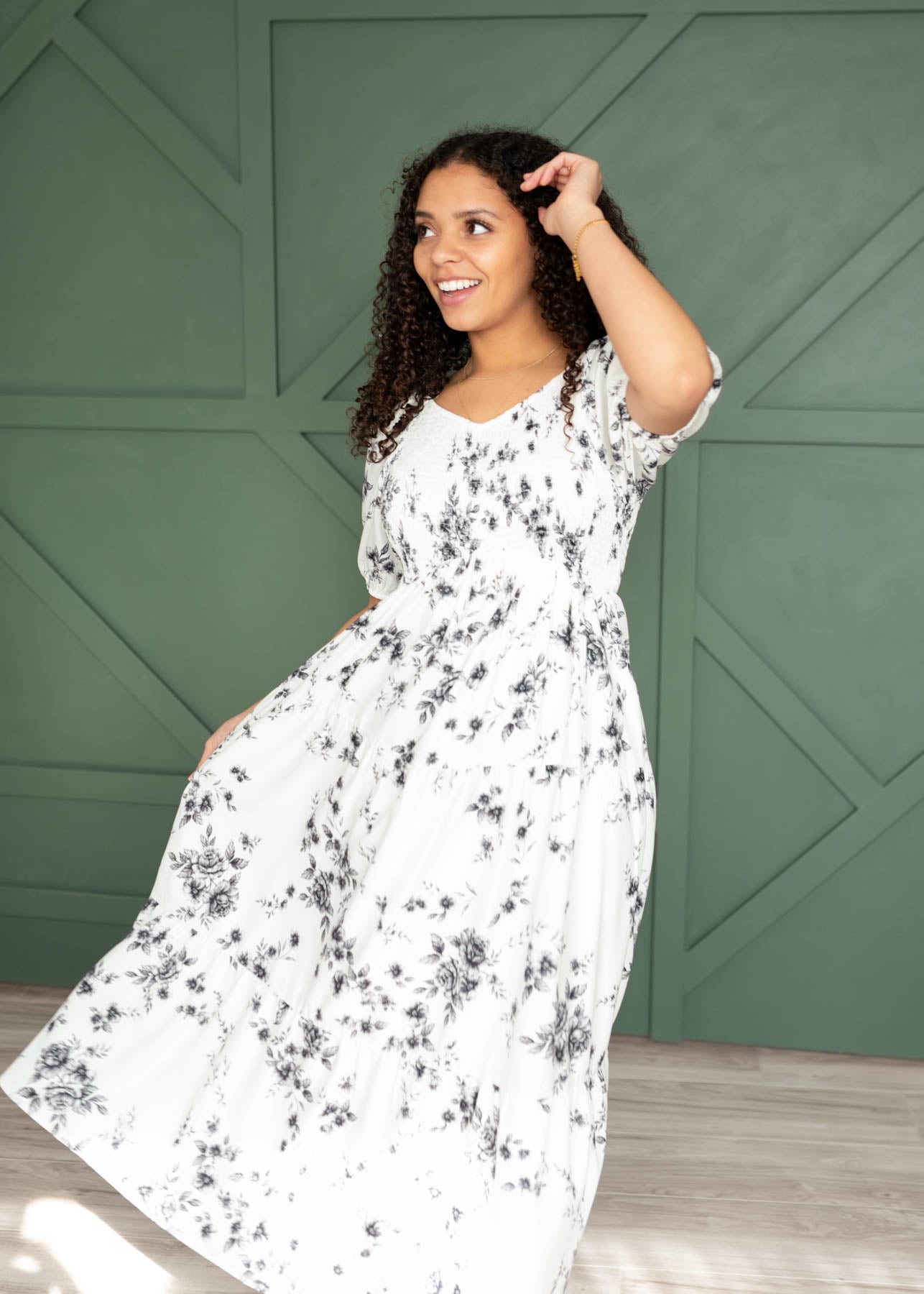 Ivory floral tiered dress with short sleeves