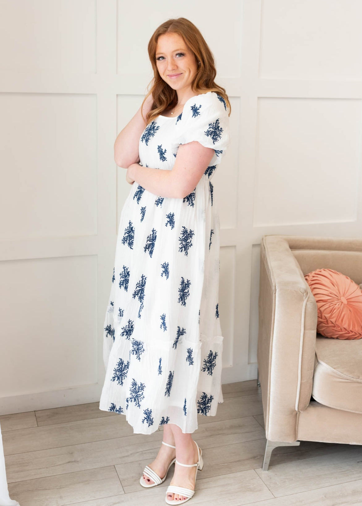 Ivory embroidered dress with navy embroidery