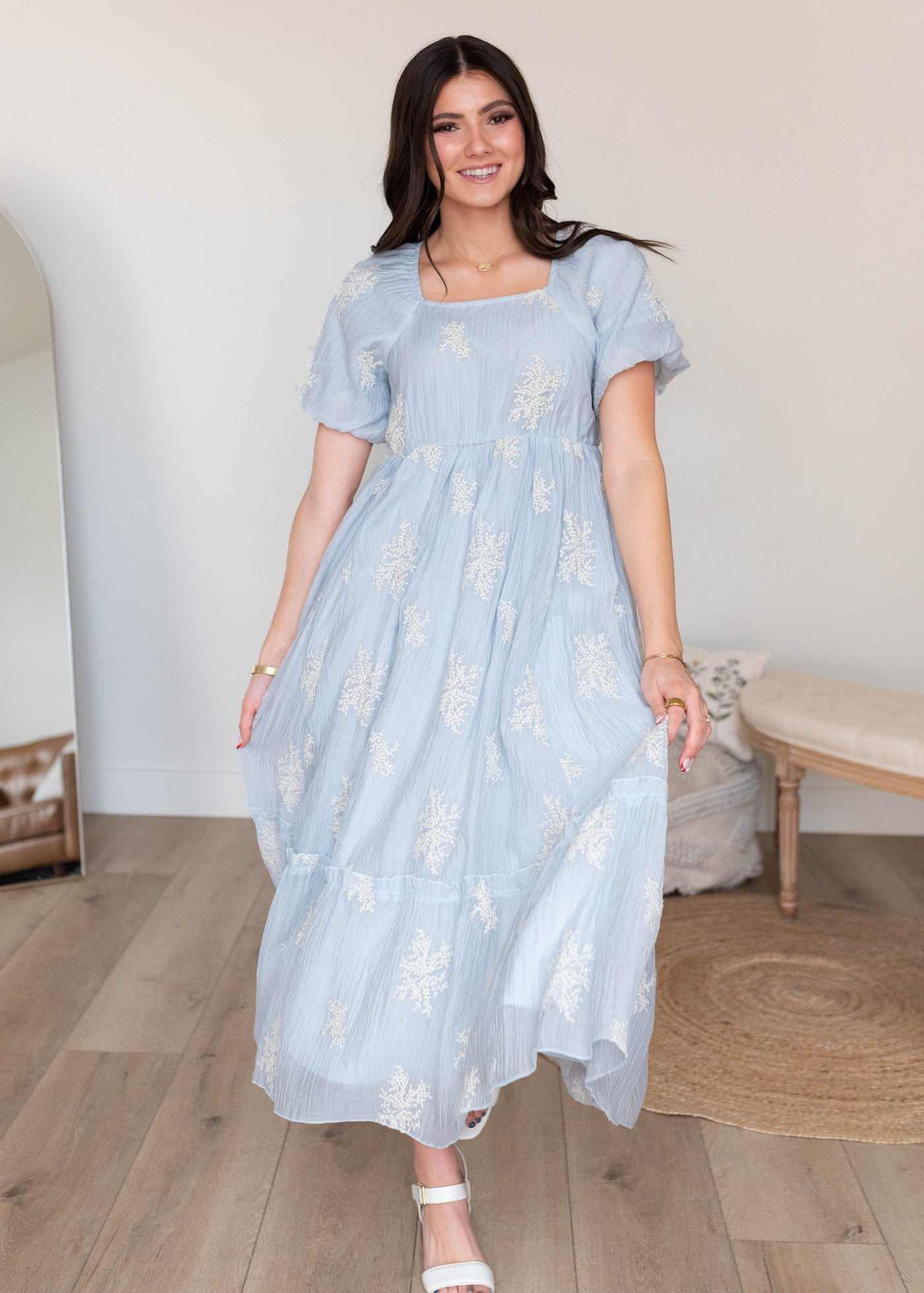 HIgh waisted light blue embroidered dress