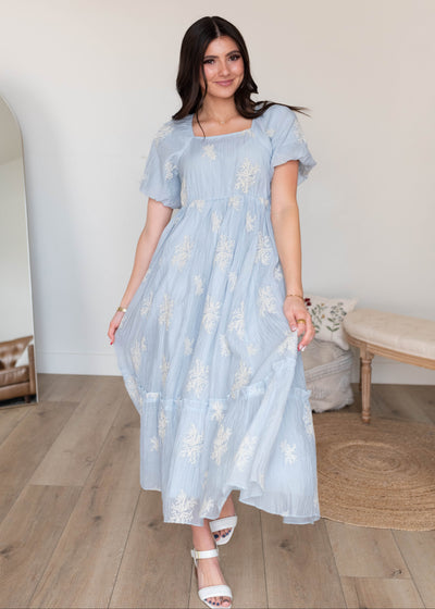 LIght blue embroidered dress with short sleeves