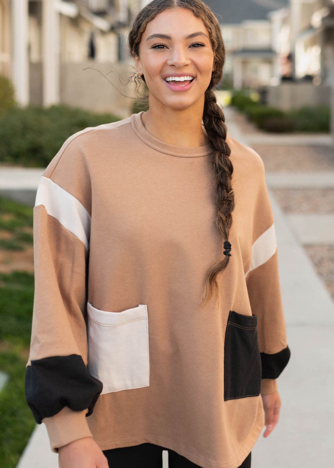 Mocha color block pullover with front pockets