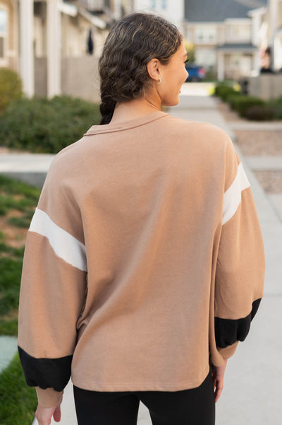 Back view of the mocha color block pullover