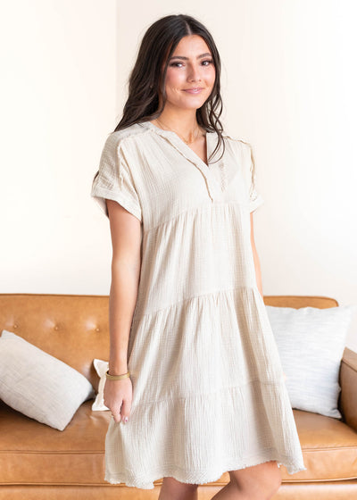 Side view of the beige tiered dress