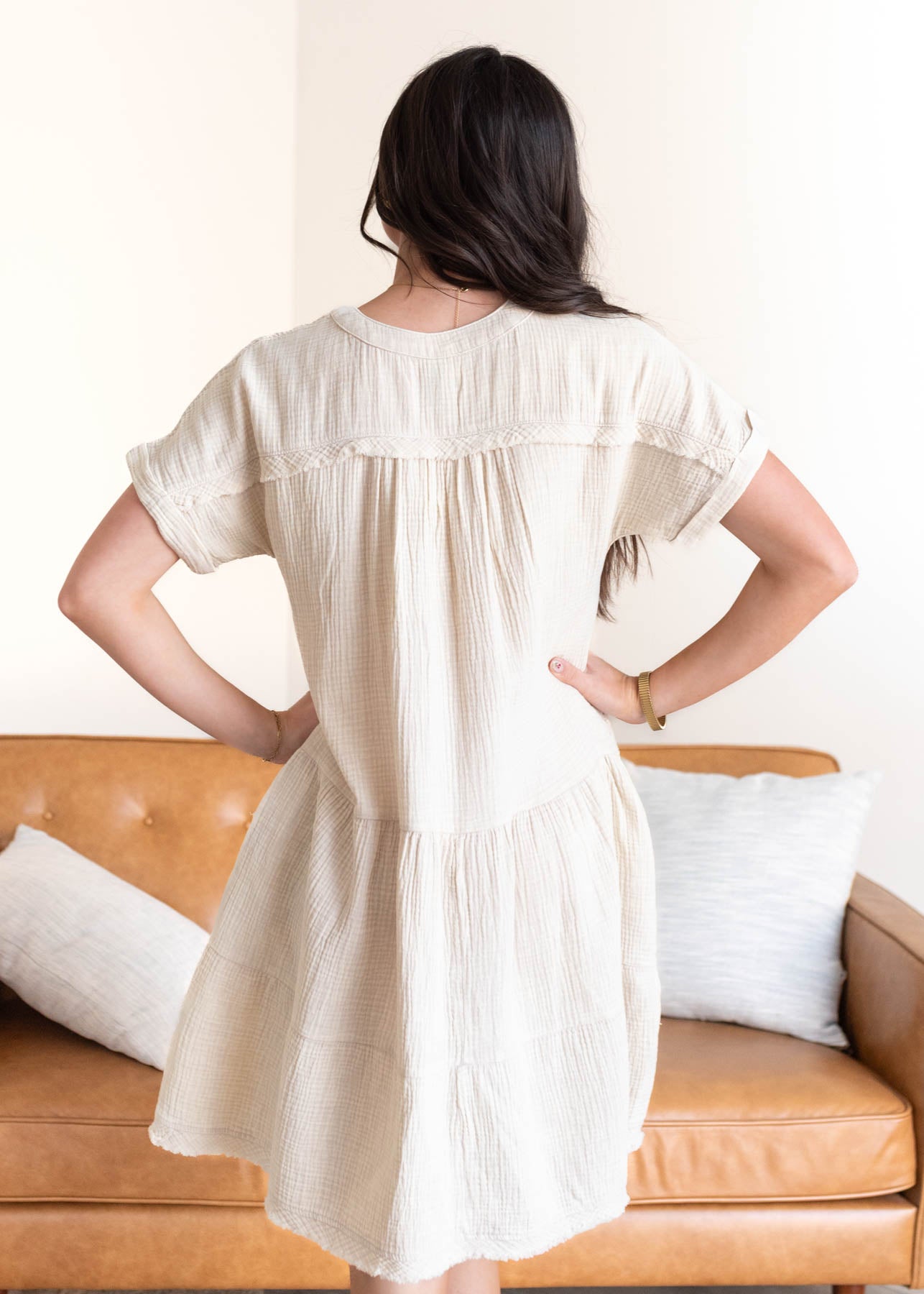 Back view of the beige tiered dress