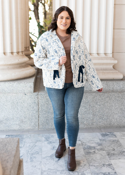 Plus size cream floral printed jacket