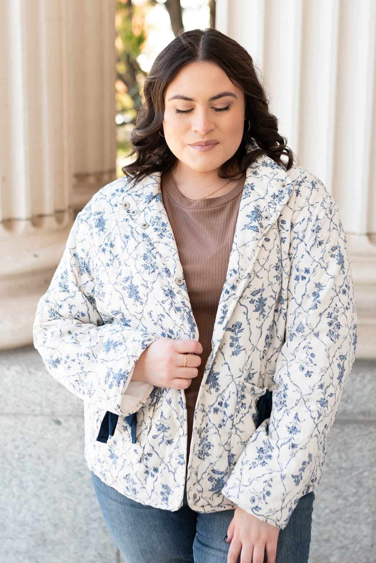 Plus size cream floral printed jacket with snap closers