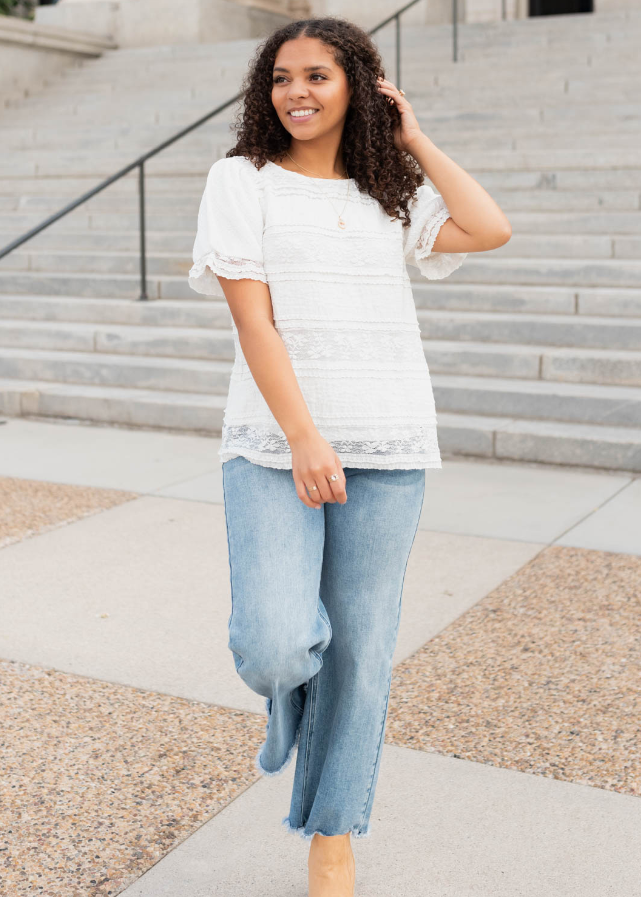 Short sleeve white lace top