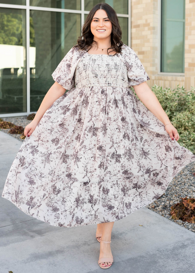 Cream floral smocked dress in plus size 