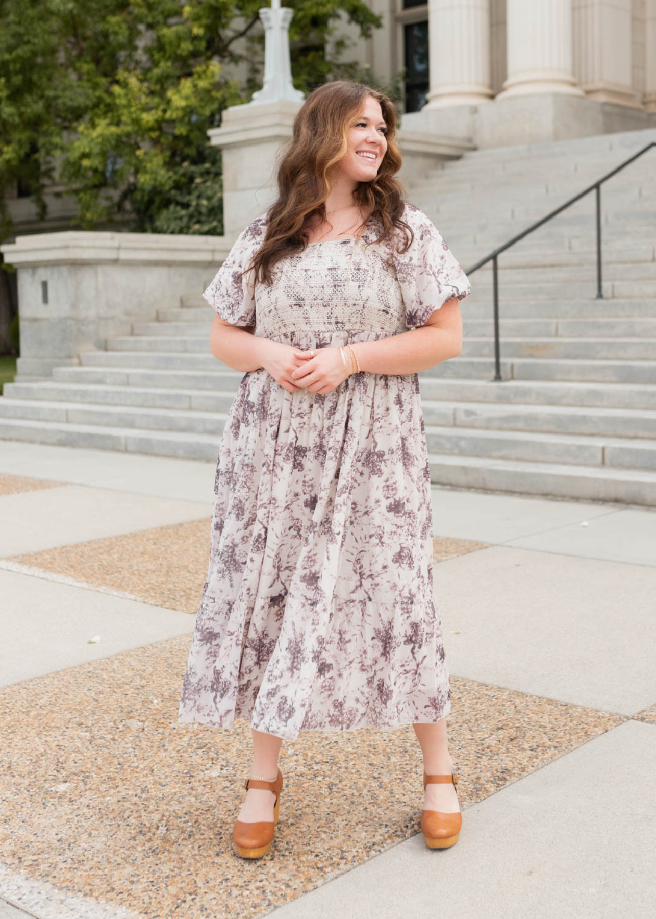 Plus size cream floral smocked dress with short sleeves