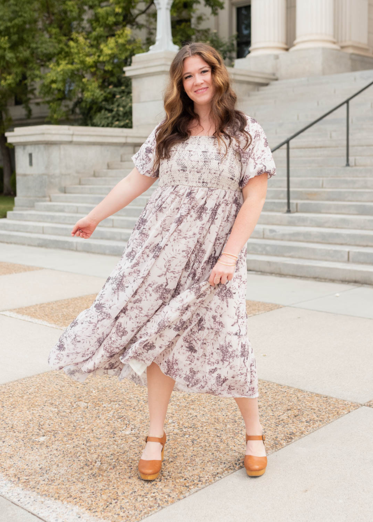 Short sleeve cream floral smocked dress in plus size