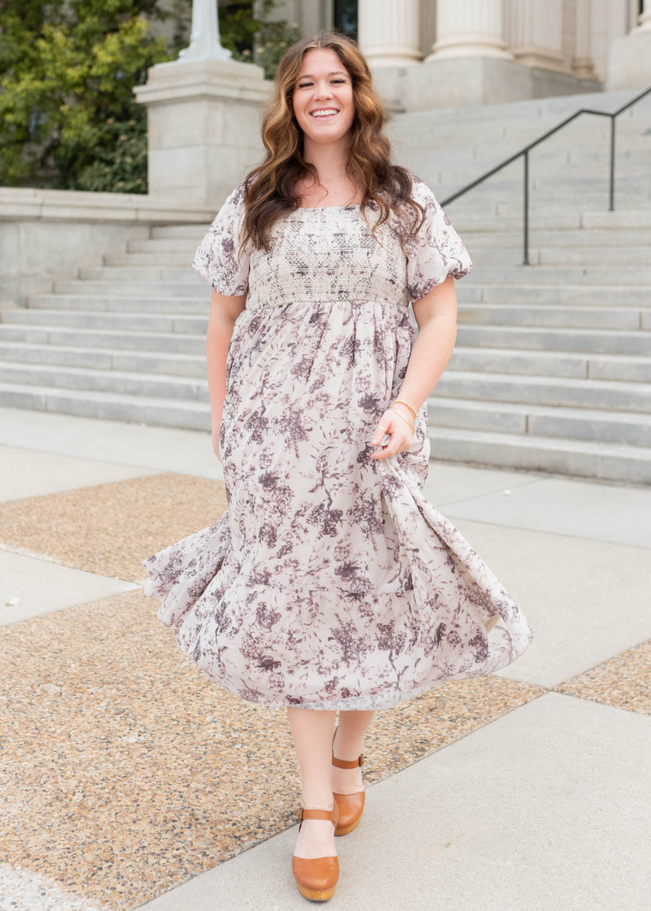 Cream floral smocked dress in plus size 