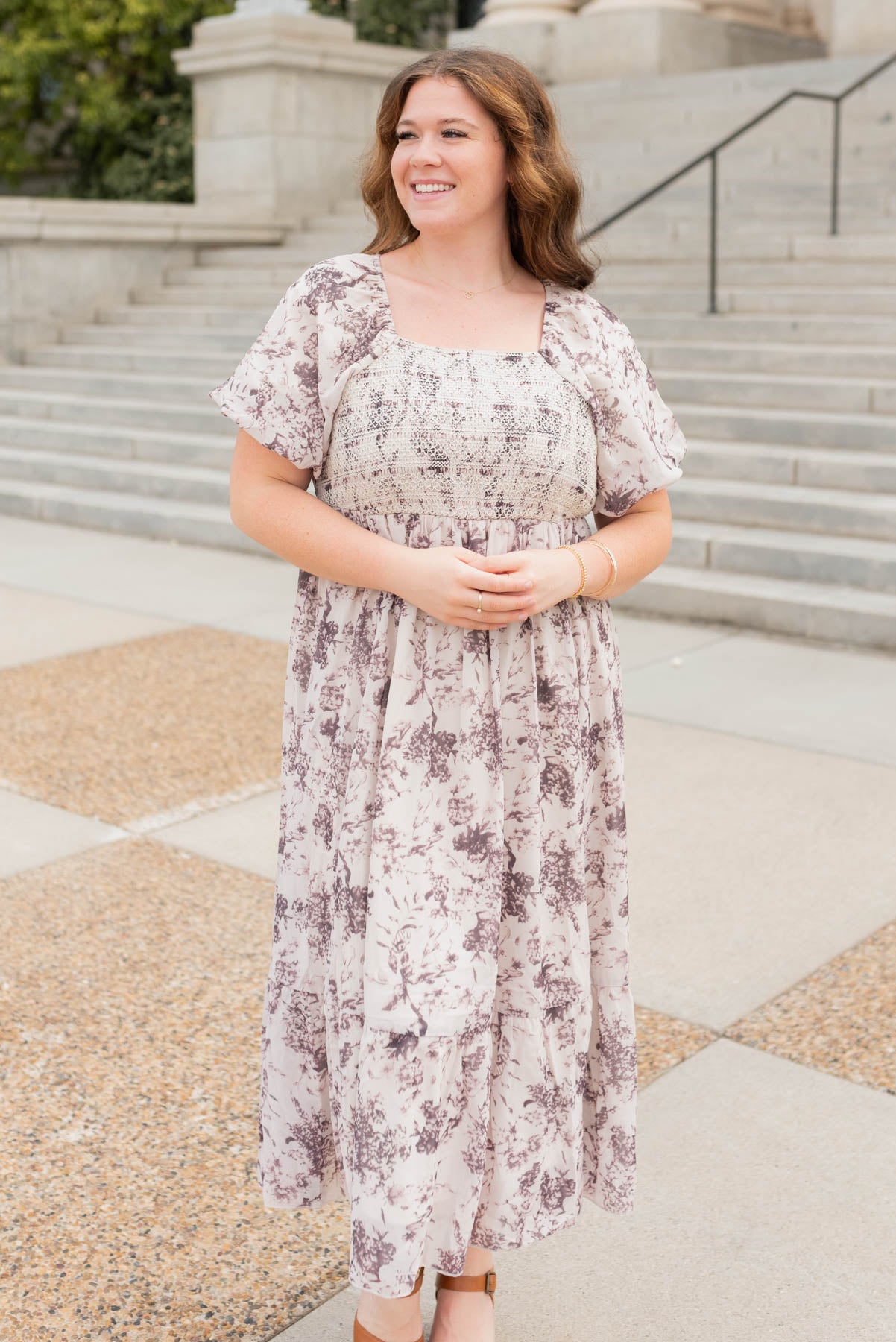 HIgh waisted cream floral smocked dress in plus size