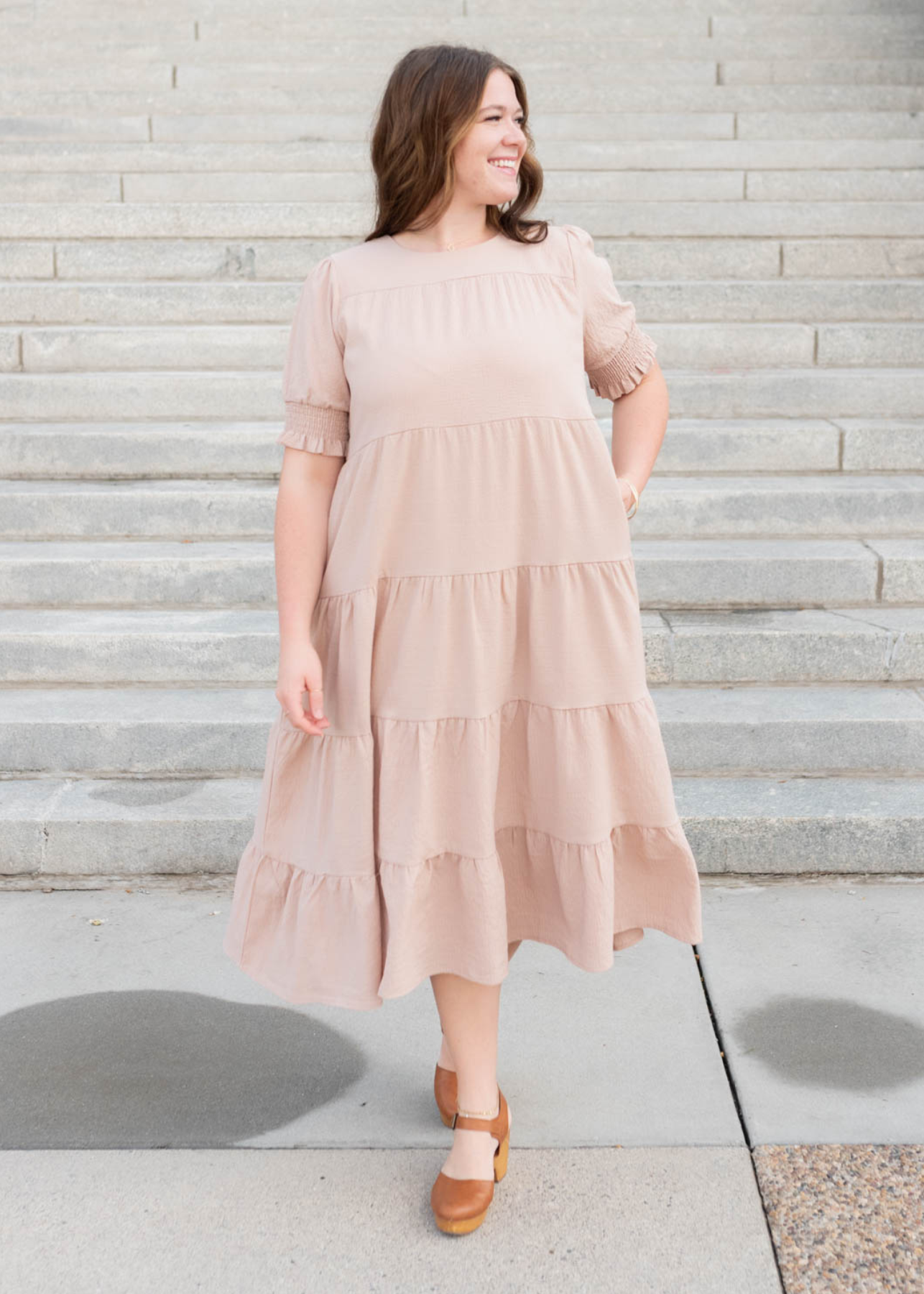 Short sleeve plus size tiered dusty blush dress