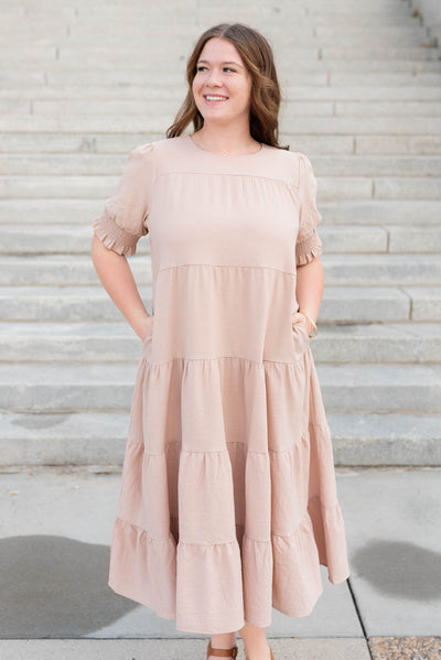 Tiered dusty blush dress with pockets in plus size