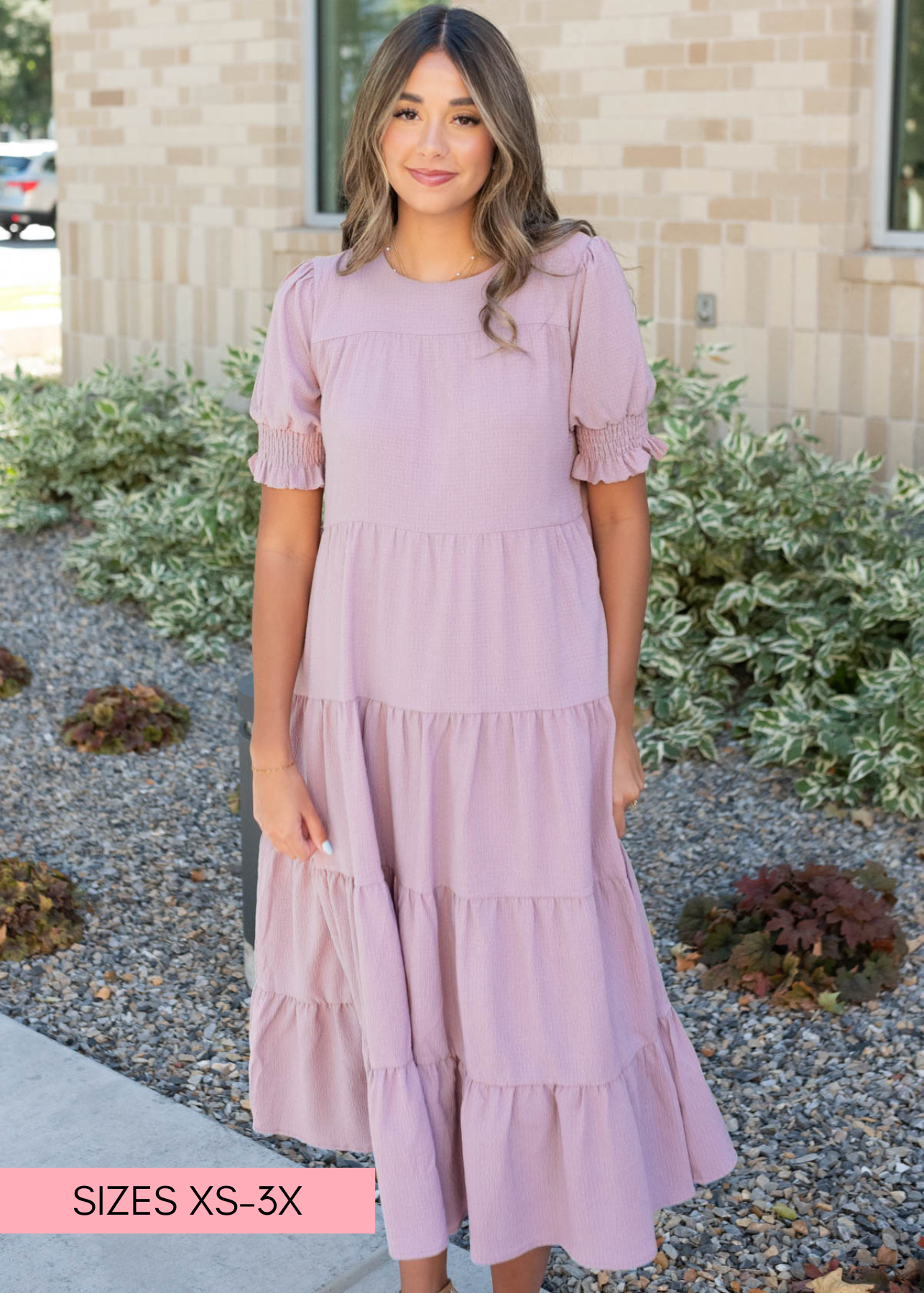 Tiered dusty lilac dress with short sleeves